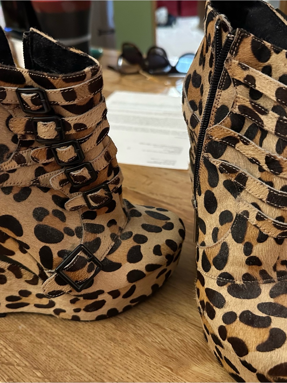 Michael Antonio Leopard Print Wedge Ankle Booties - Tan/Black